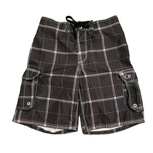 OP Black White Red Board Shorts Swim Trunks Windowpane pattern mesh lining Med